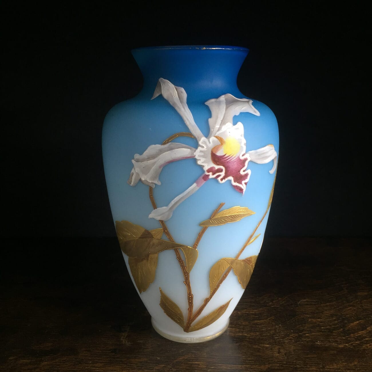 Webb overlay satin glass vase with orchids, c.1885-14863