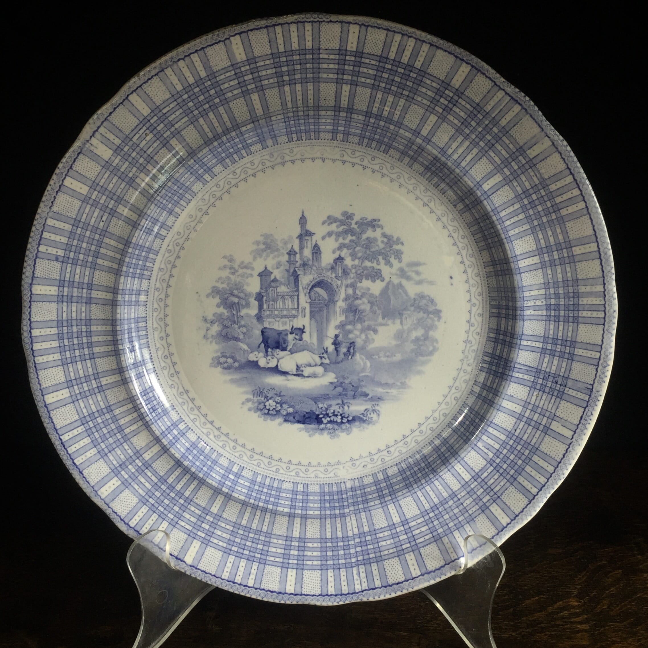 Blue and white plate with sheep scene and Royal stripe border, c. 1850-0