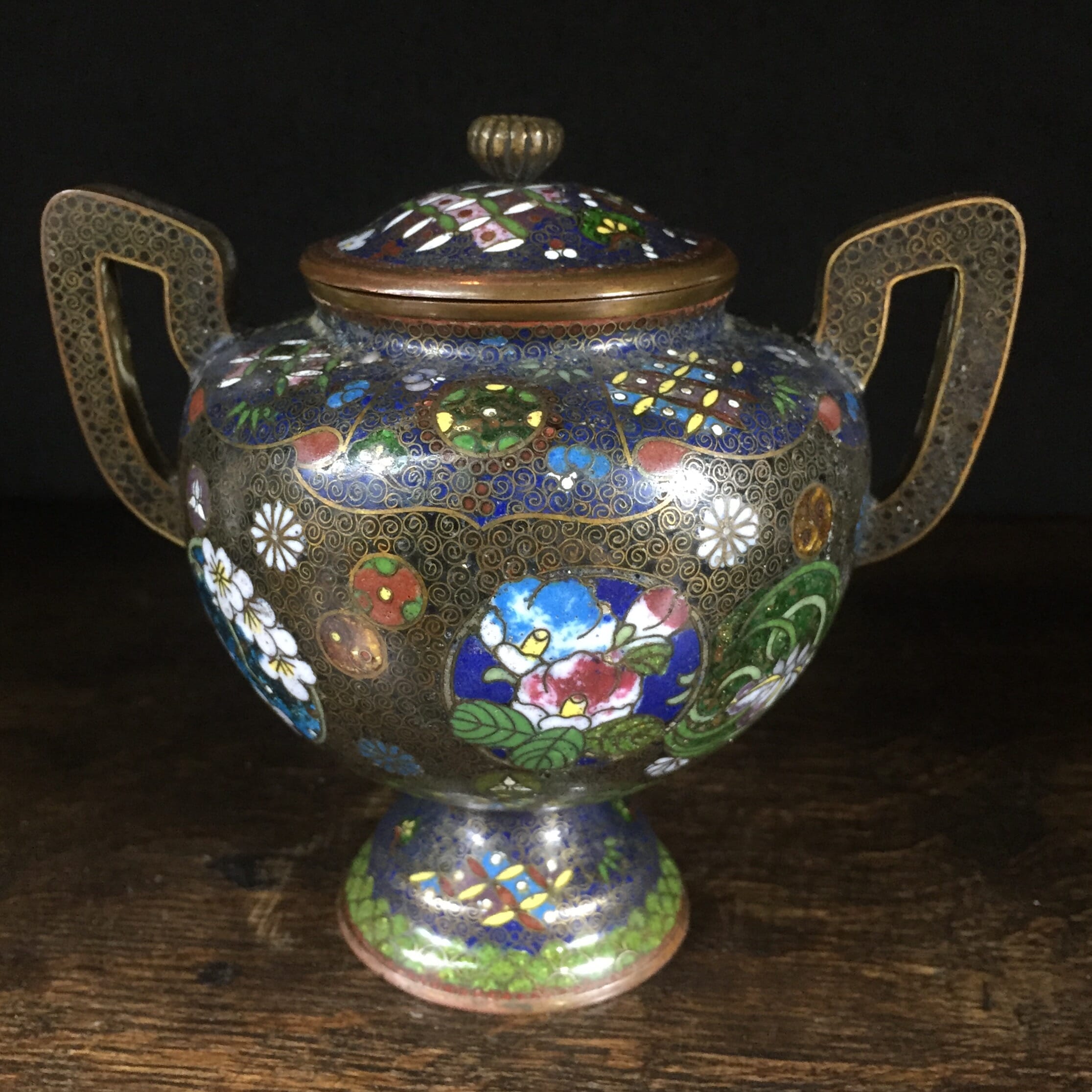 Cloisonné lidded pot with two handles, c. 1895-0