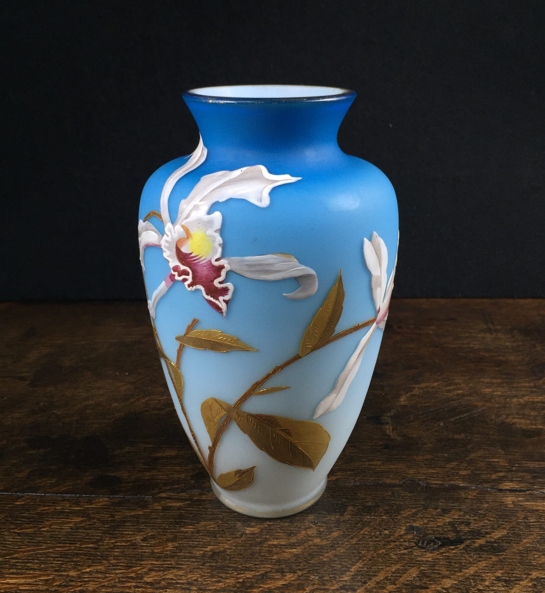 Webb overlay satin glass vase with orchids, c.1885-0