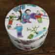 Chinese porcelain round lidded box with bright enamel decoration. 19th C.-0