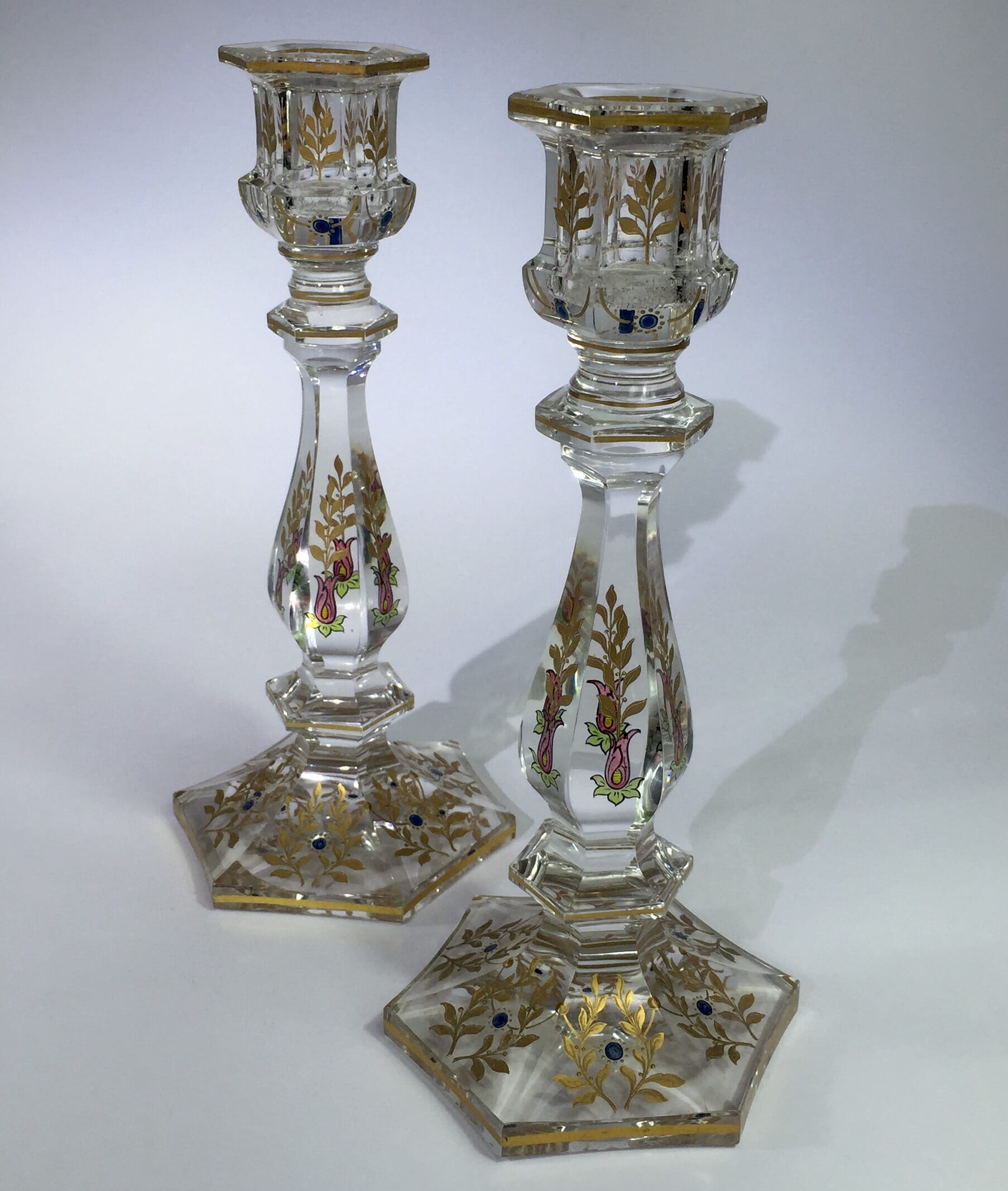 Pair Of Glass Candle Sticks With Gold Etching Of Flowers, C.1900 