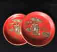 Pair of small red lacquer trays with chinoiserie transfer decoration, circa 1890 -0