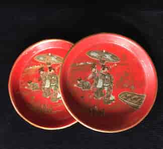Pair of small red lacquer trays with chinoiserie transfer decoration, circa 1890 -0