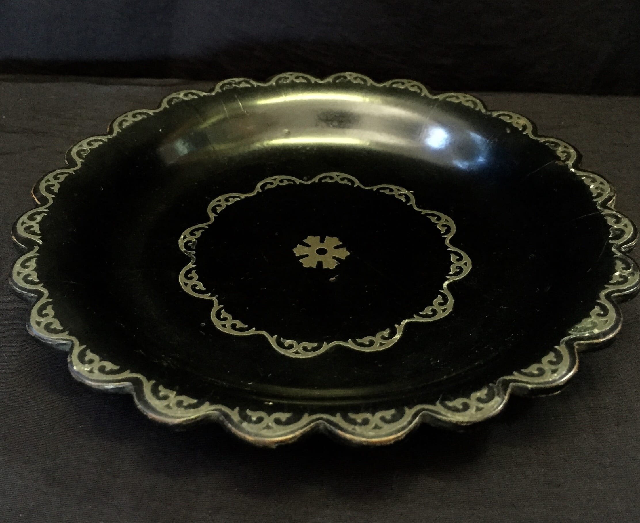 Victorian paper mache coaster with pewter inlay, c. 1860-0