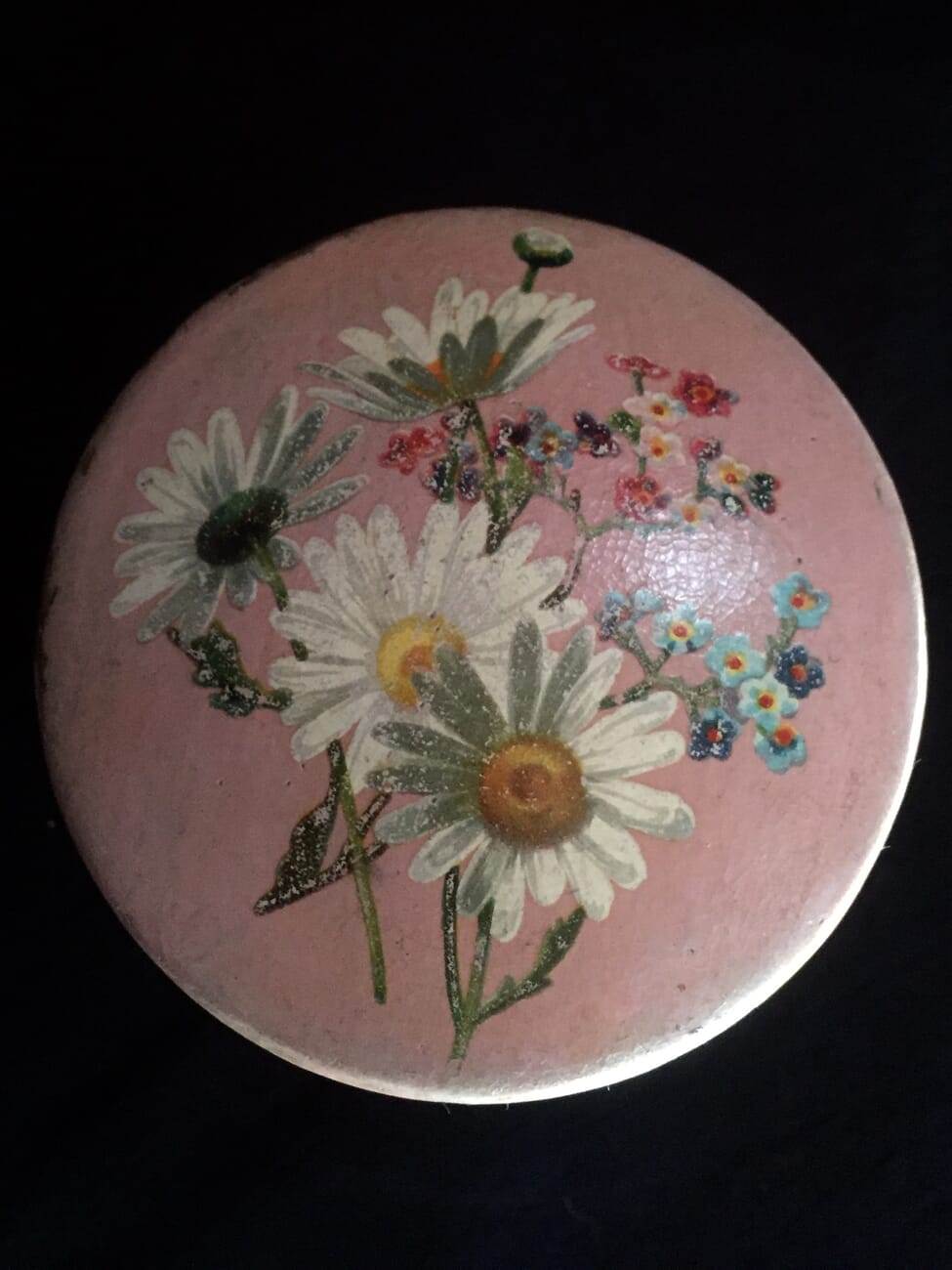 Victorian paper mache lidded box decorated with flowers painted on a pink ground, c. 1860-15248