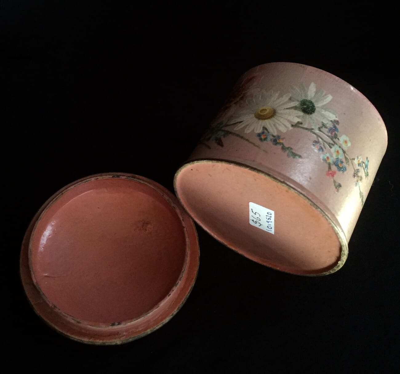 Victorian paper mache lidded box decorated with flowers painted on a pink ground, c. 1860-15249