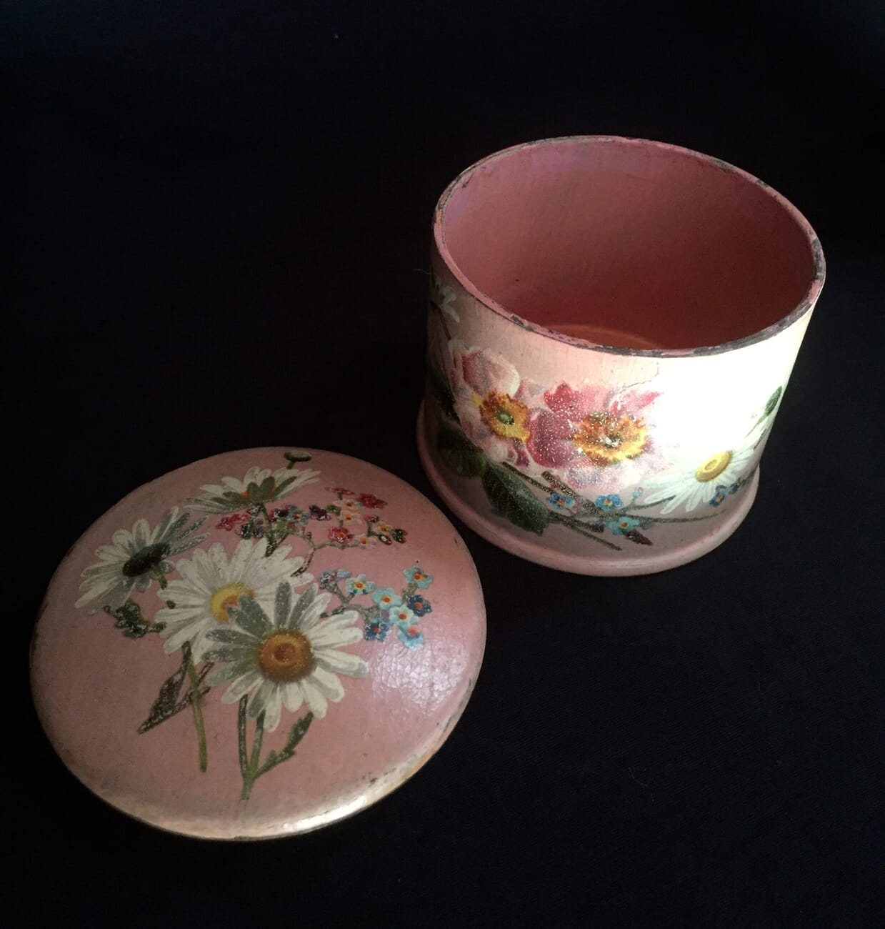 Victorian paper mache lidded box decorated with flowers painted on a pink ground, c. 1860-15250