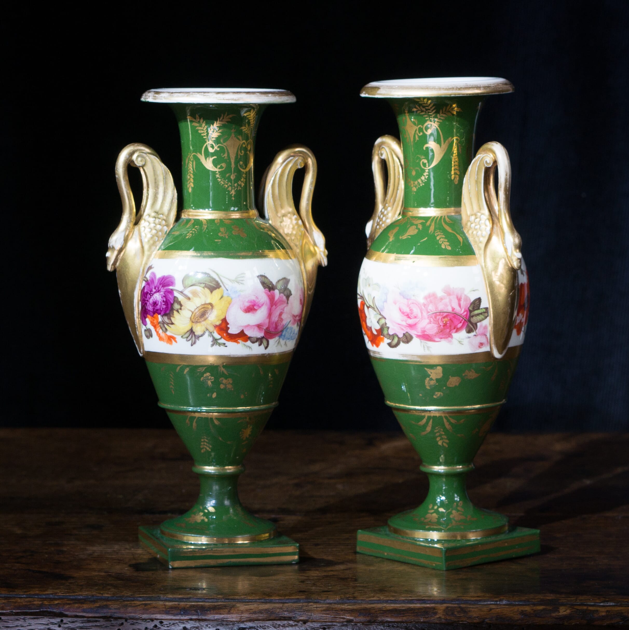 Pair of rare Charles Bourne vases with swan handles, flowers, c. 1830-0