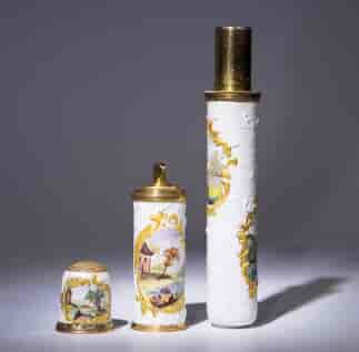 Rare Staffordshire enamel bodkin case with thimble & perfume flask, c. 1770-0