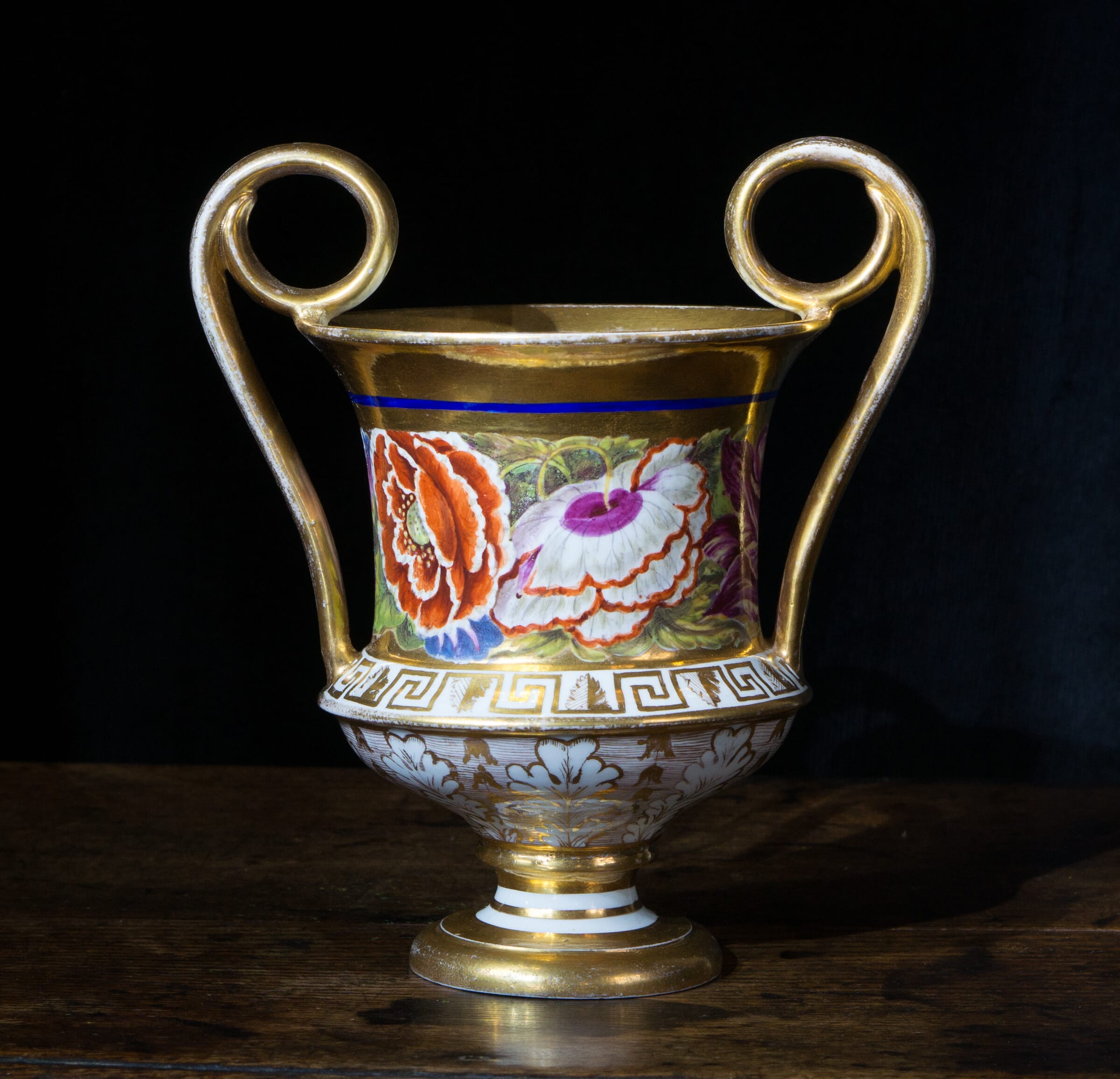 Coalport urn with flowers & rich gilt, London decorated c. 1805-0