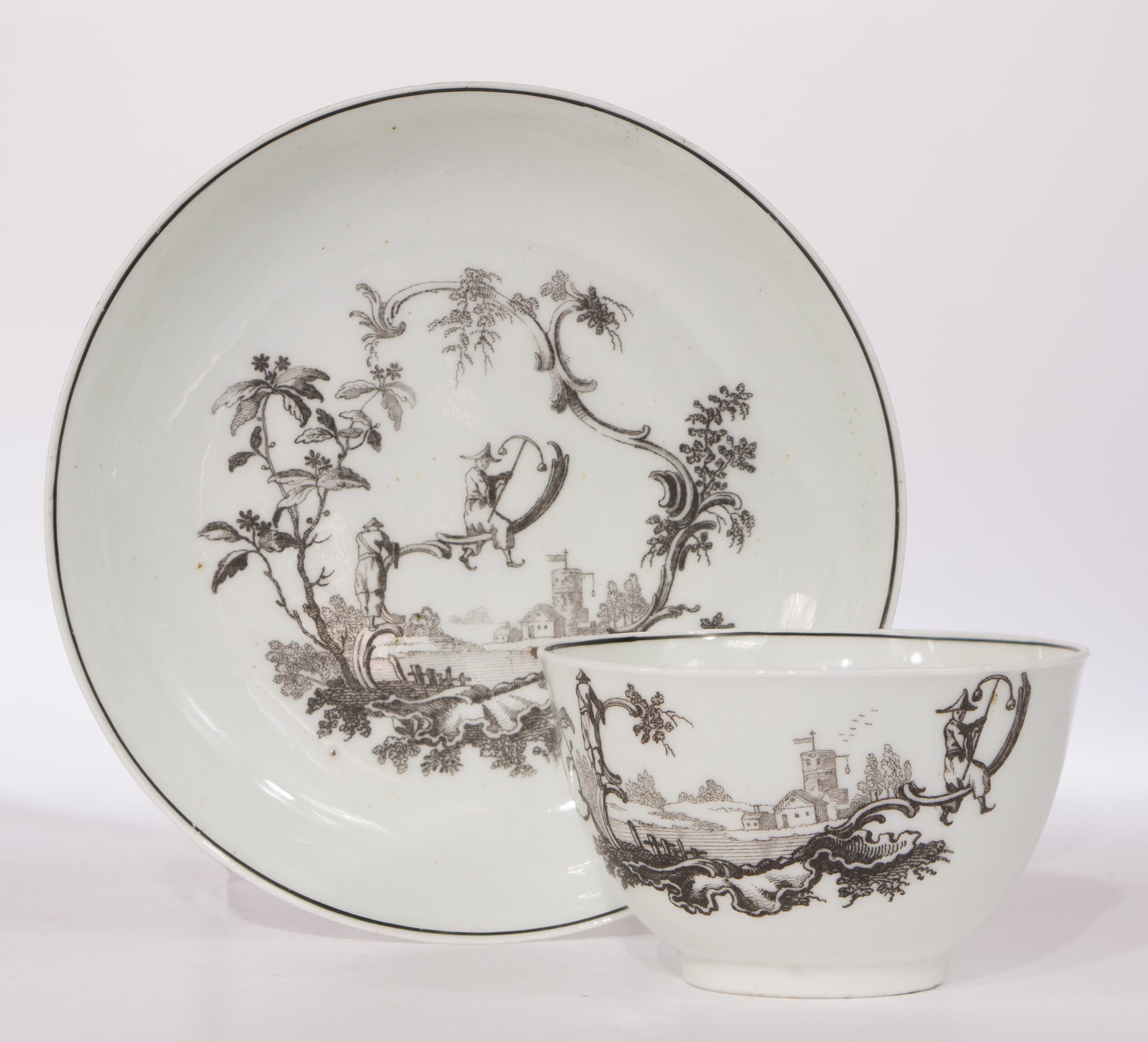 Worcester teabowl & saucer, printed with 'Les Garcons Chinois', c.1760-0
