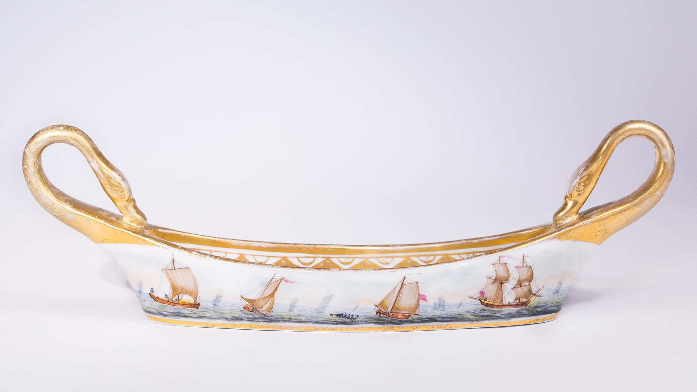 Porcelain pen tray, Swan head handles & shipping scene by Billingsley, c. 1810-0