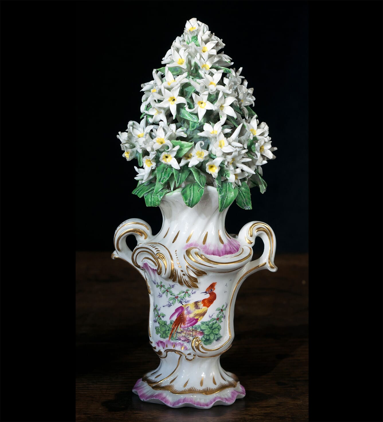 Derby rococo vase with high flower group, painted with birds, c.1760 -0