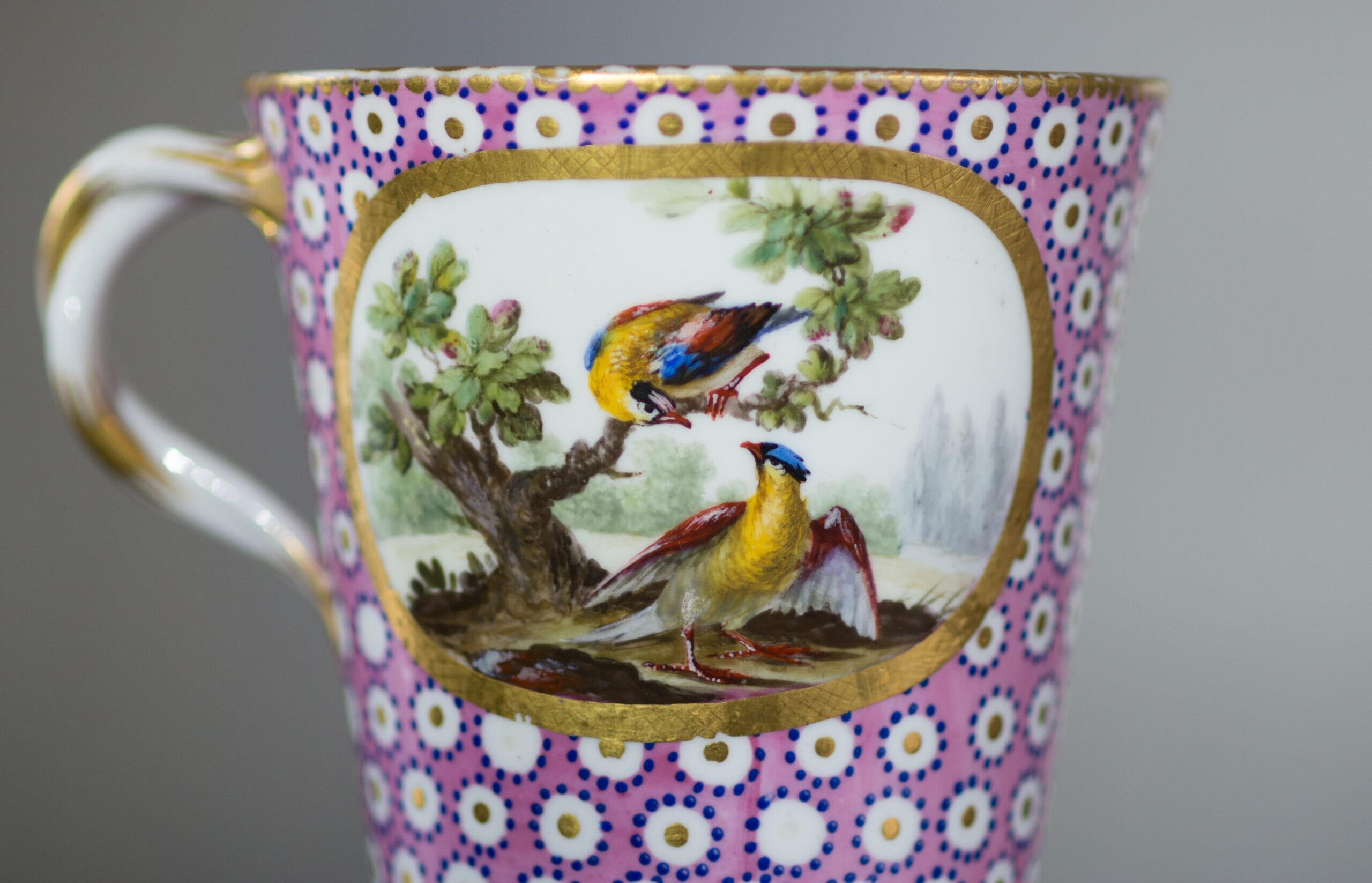 Sevres socketed cup & saucer with birds by Chappuis, 1765-15584