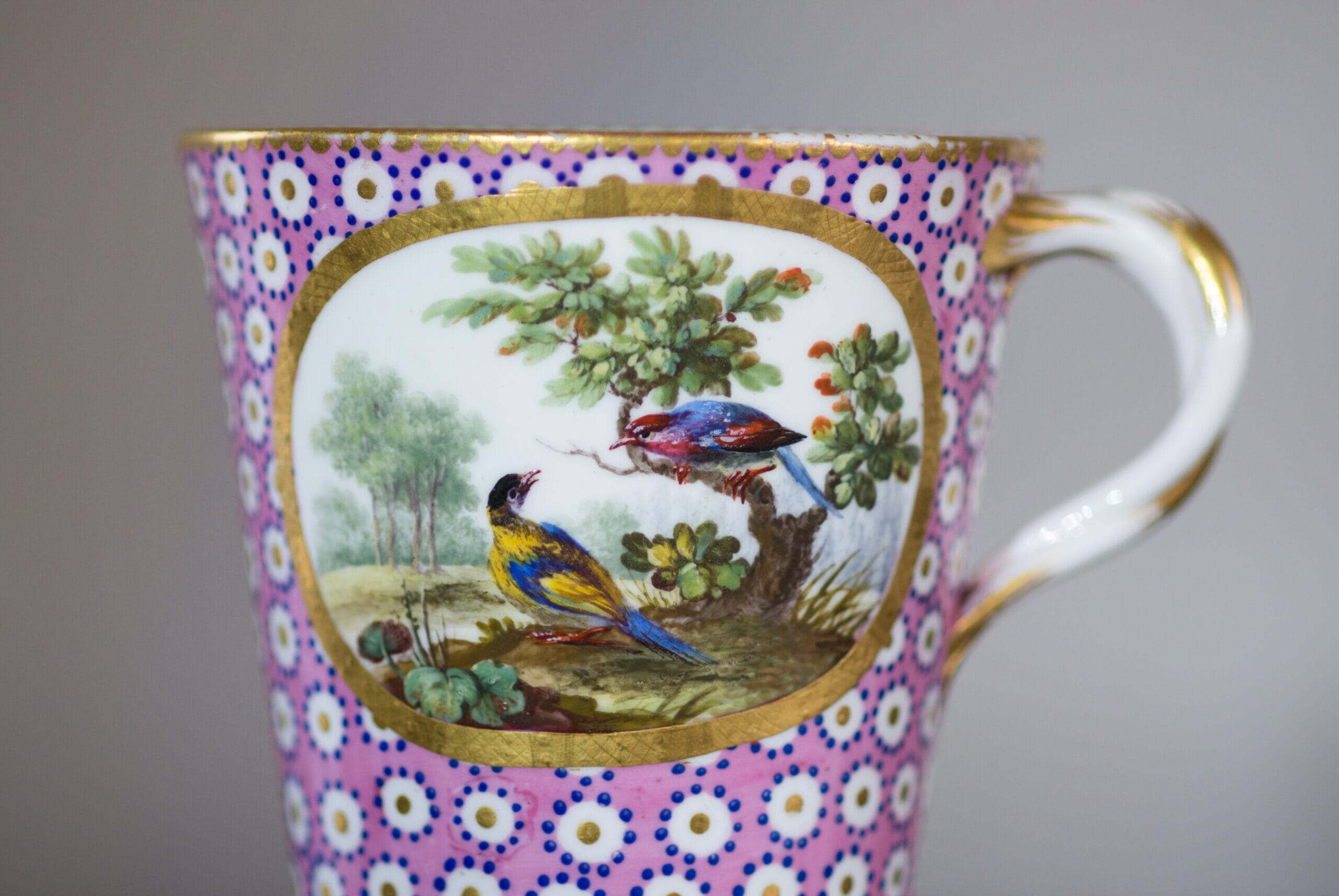 Sevres socketed cup & saucer with birds by Chappuis, 1765