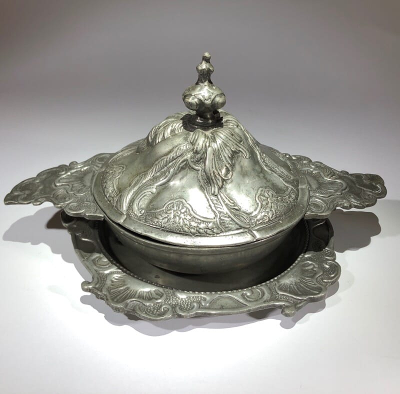 Polish pewter rococo form covered bowl & stand, c.1745-30928