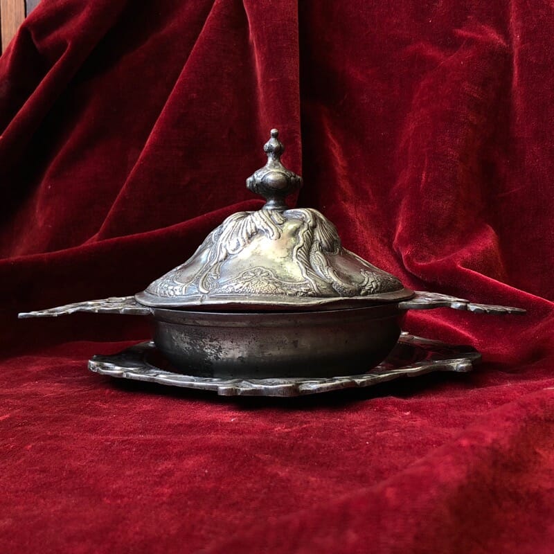 Polish pewter rococo form covered bowl & stand, c.1745-30938