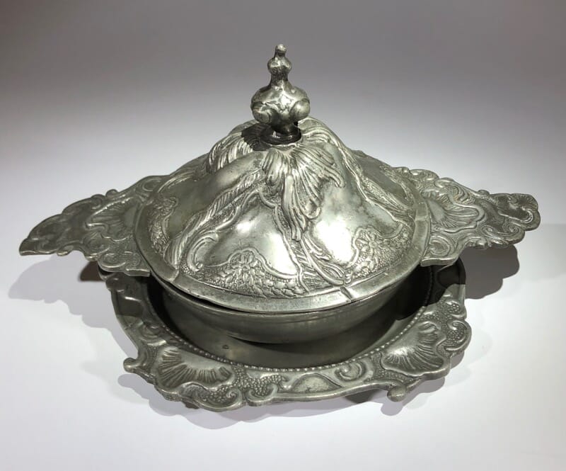 Polish pewter rococo form covered bowl & stand, c.1745-30931
