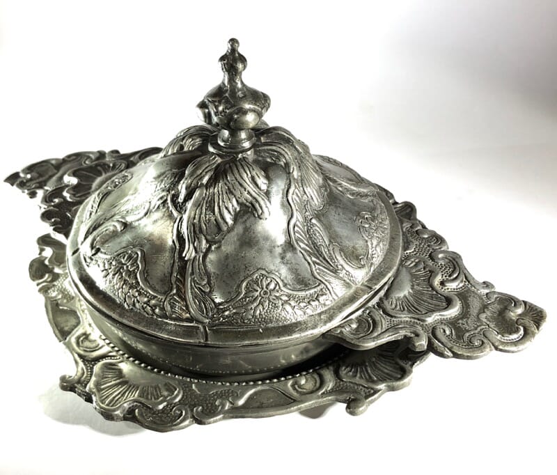 Polish pewter rococo form covered bowl & stand, c.1745-30929