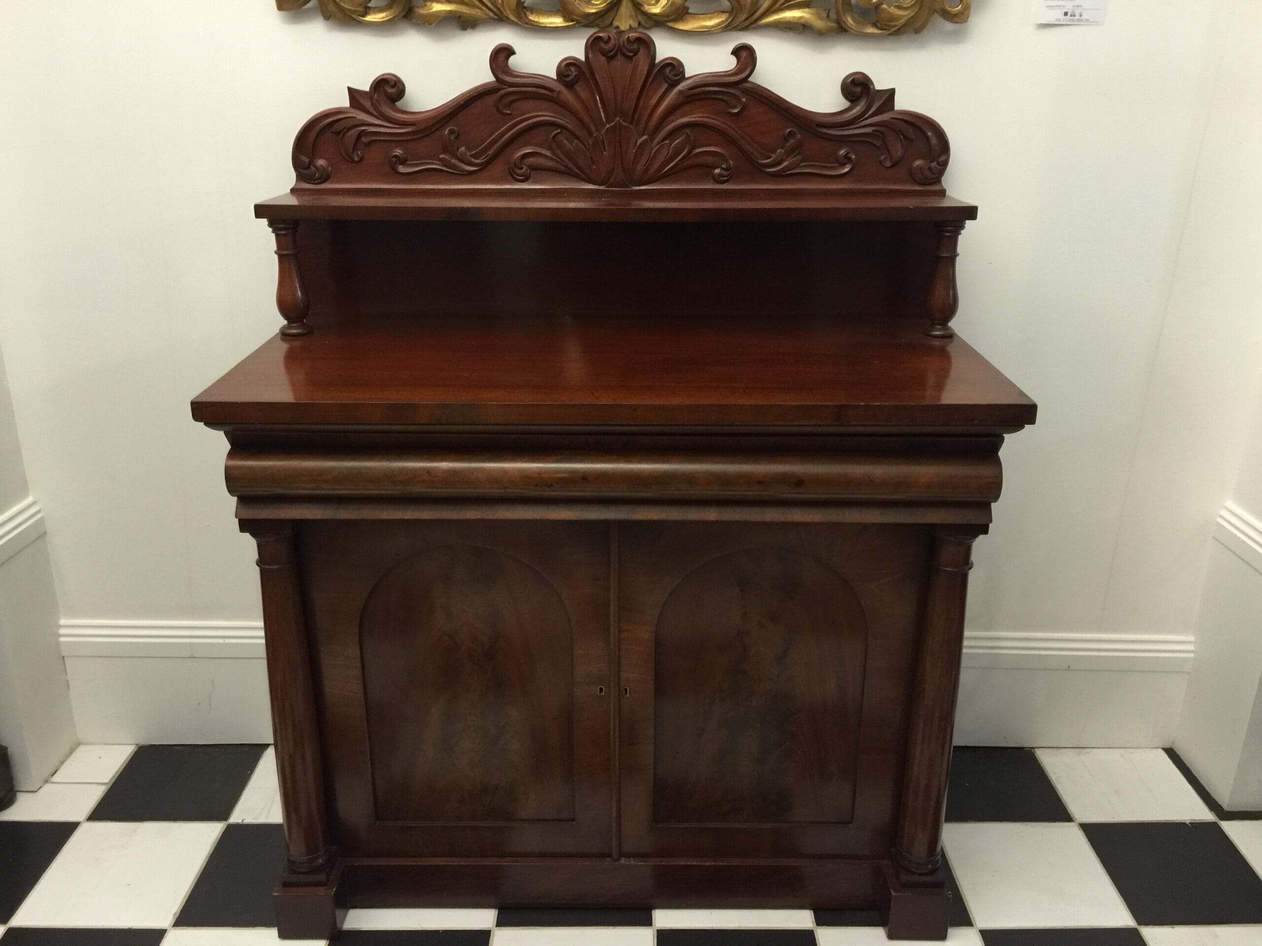 Regency mahogany chiffonier with nicely detailed scroll back, c. 1825-0