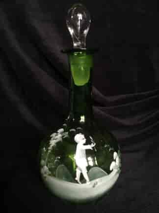 Mary Gregory style green glass decanter with enamelled boy, c. 1890-0