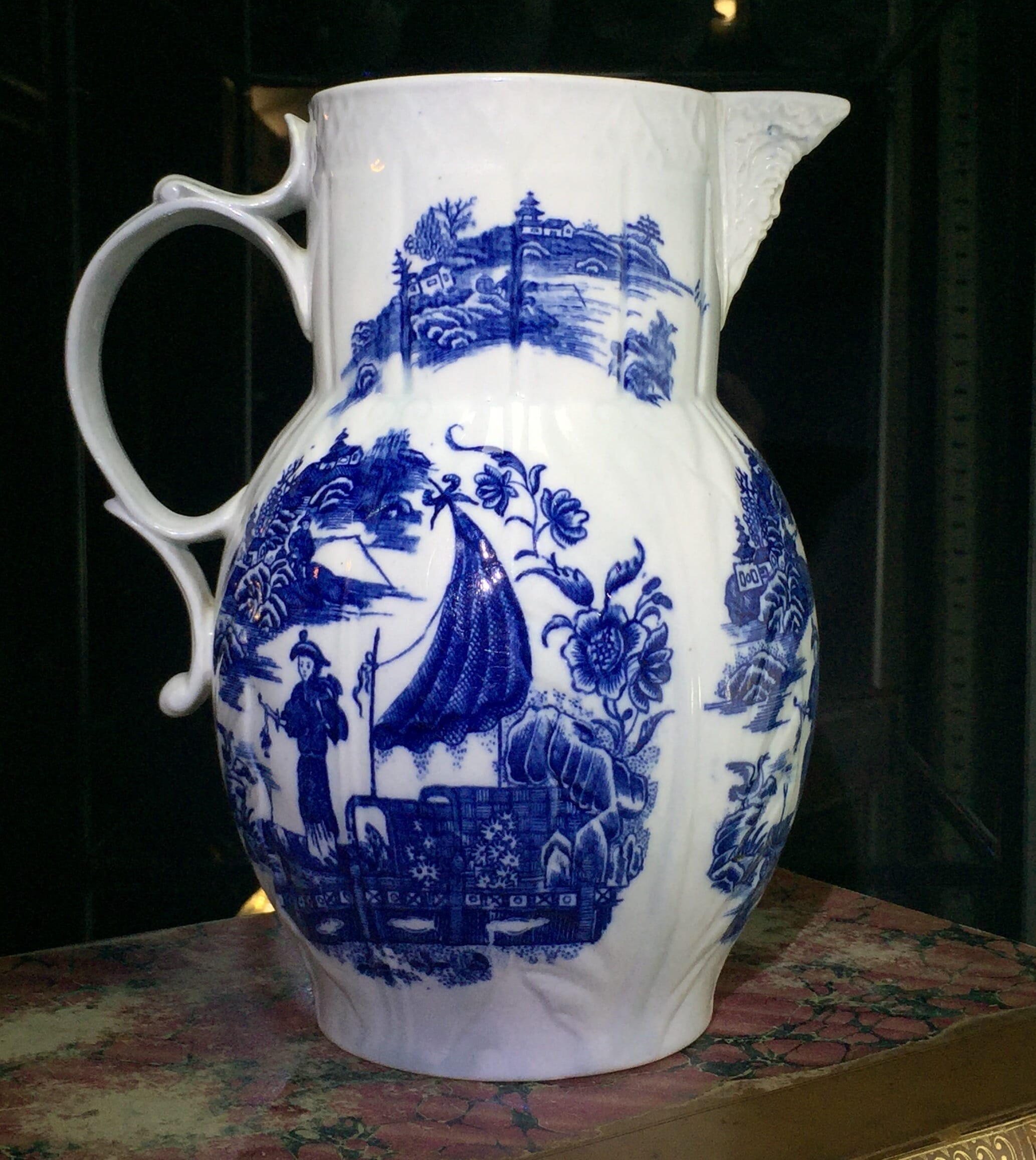 Caughley cabbage leaf jug, mask spout with Fishermans pattern, c.1775-0