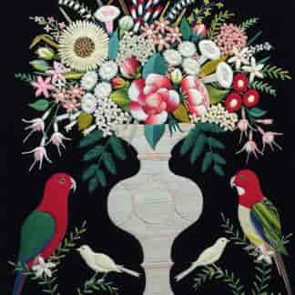 Australian woolwork, vase of flowers, Rosella & King Parrot, c.1880-0