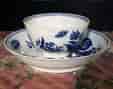 Worcester teabowl & saucer, 'Three Flowers' pattern, rare 'E' mark, c. 1775-0