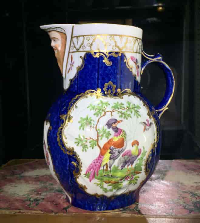 Worcester mask jug with scale blue ground, exotic birds, c. 1775-15780