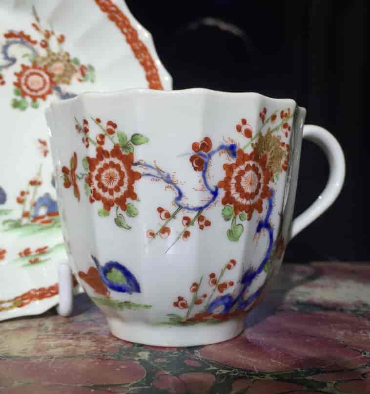 Worcester fluted cup & saucer, 'Quail' pattern, c.1770-15843