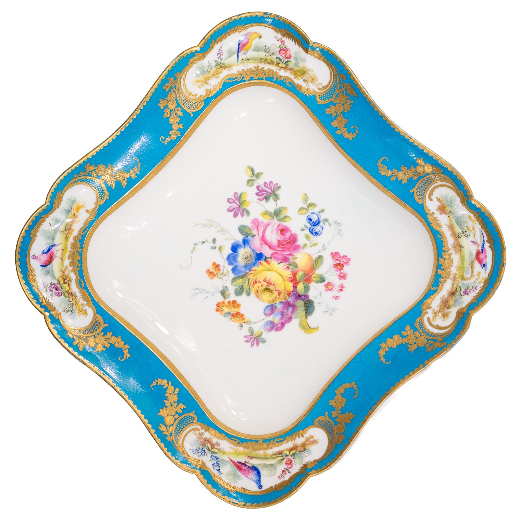 Sevres dish with Bleu Celeste ground, birds, by Randall, 1780 & later-0