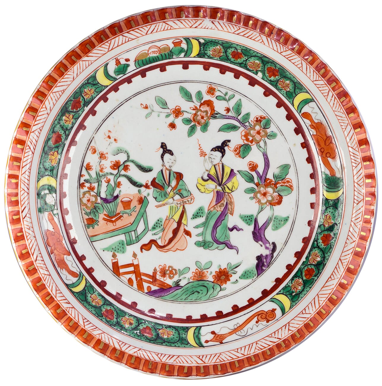 Derby famille verte dish with gadrooned rim, figures in a garden, c.1800-0