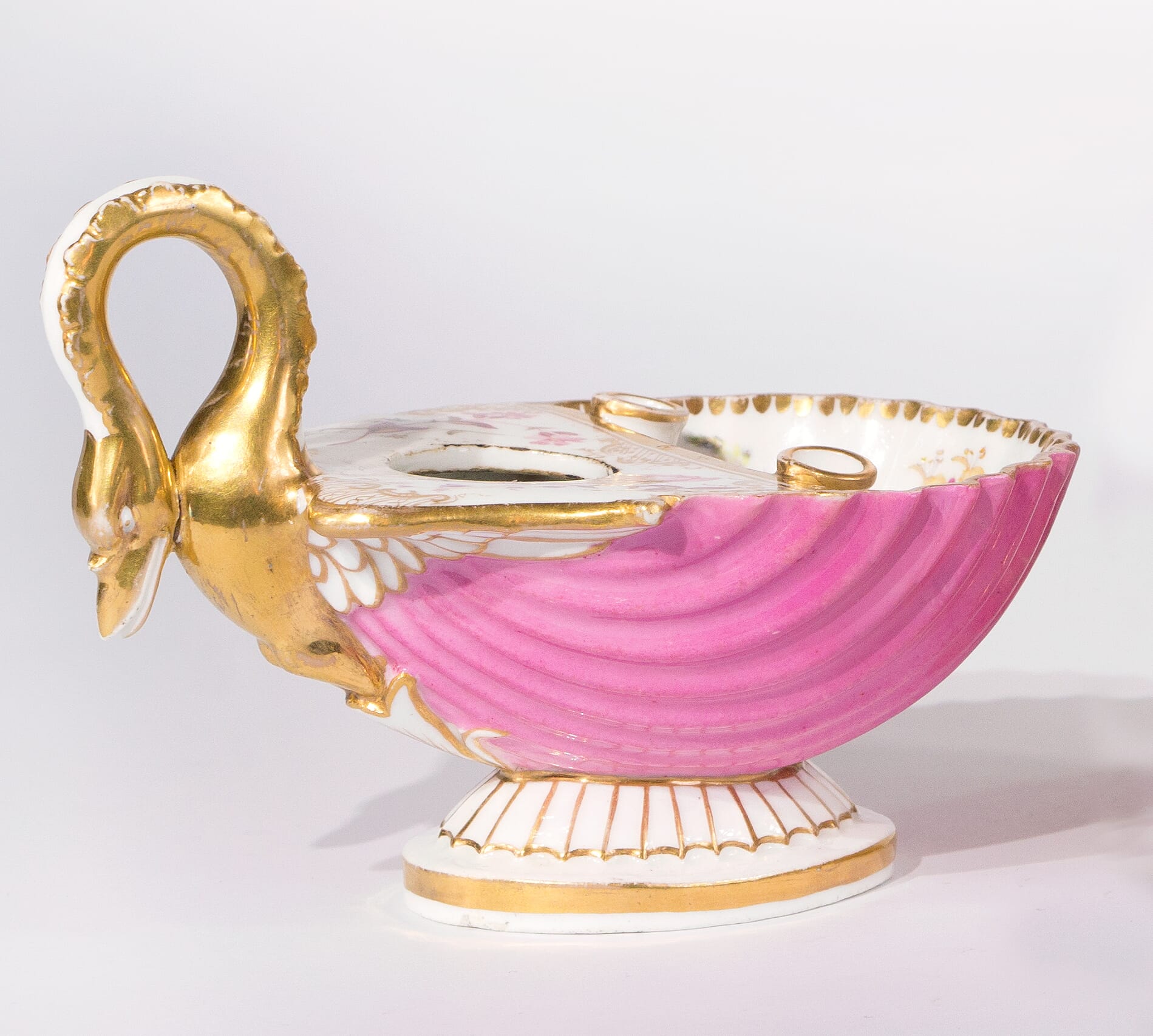Coalport inkwell, shell form with Swan handle, flower painted, c.1825-0