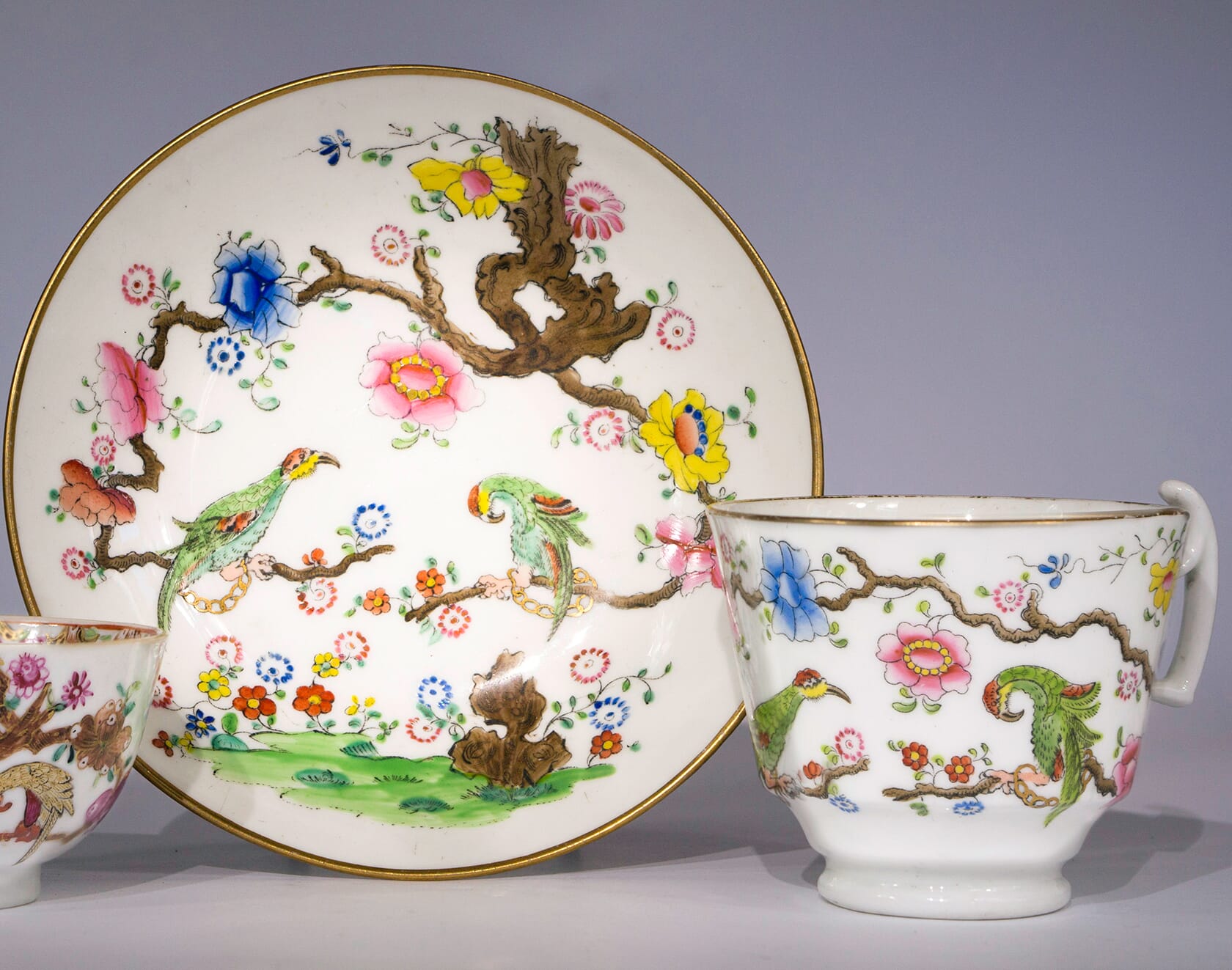 Swansea cup & saucer, Parakeets in a Tree pattern, c.1815-0