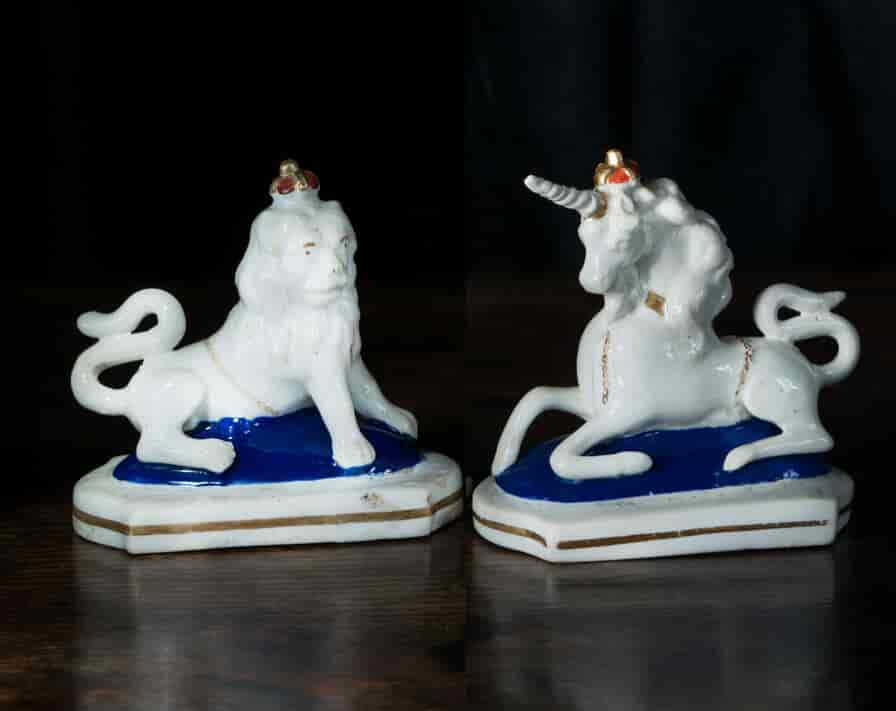 Rare pair of Staffordshire figures, Royal Lion & Unicorn, c.1830-0