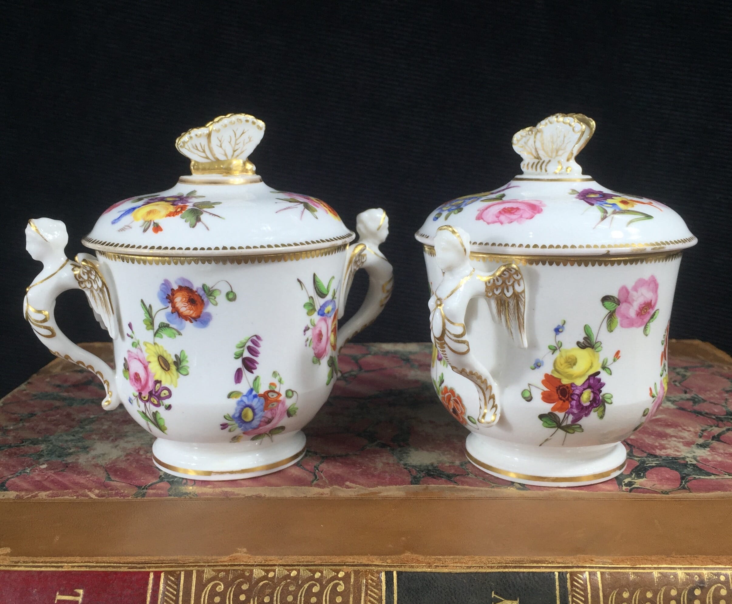 Pair of Spode covered cups, flowers & butterfly knops, c. 1825-0