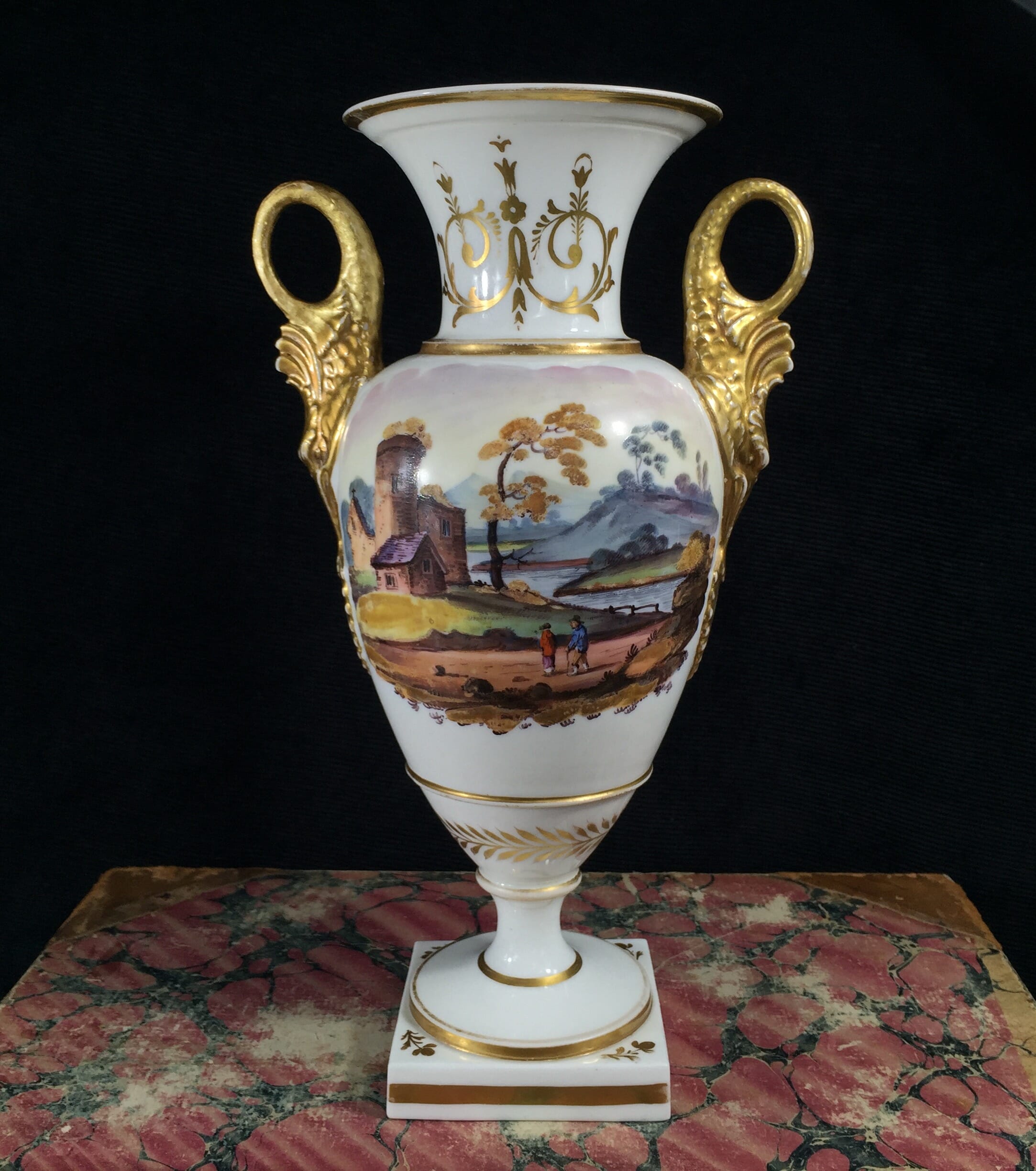 Swansea vase with dolphin handles & scene, c. 1815-0