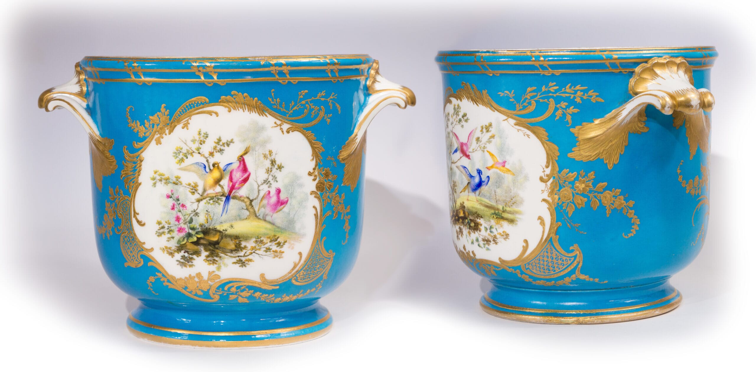 Sèvres bottle holders, painted in blue celeste with panels of fruit & flowers, Randall, 18th c & mid 19th c.-0