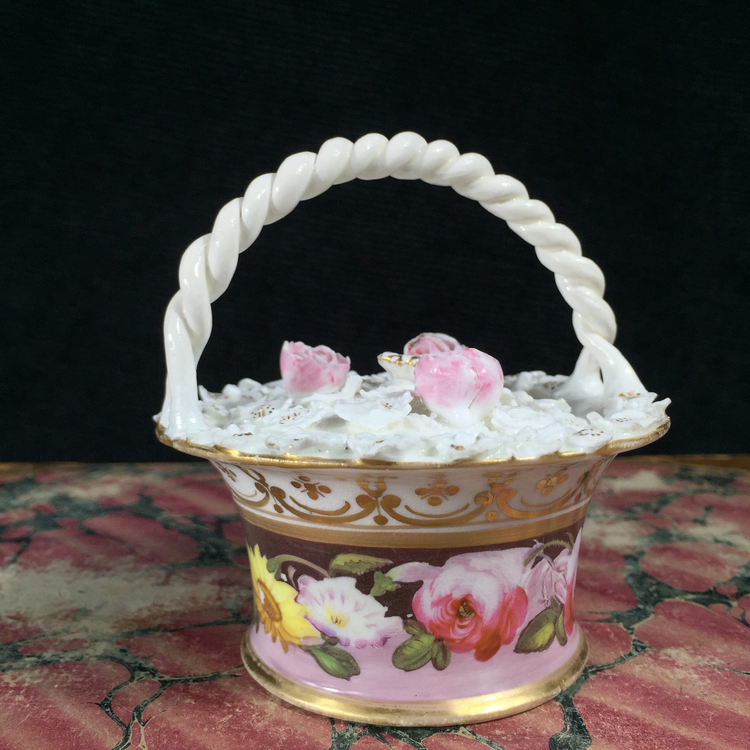 Potpourri basket & lid, rose heads & flower encrusted, c. 1825-0