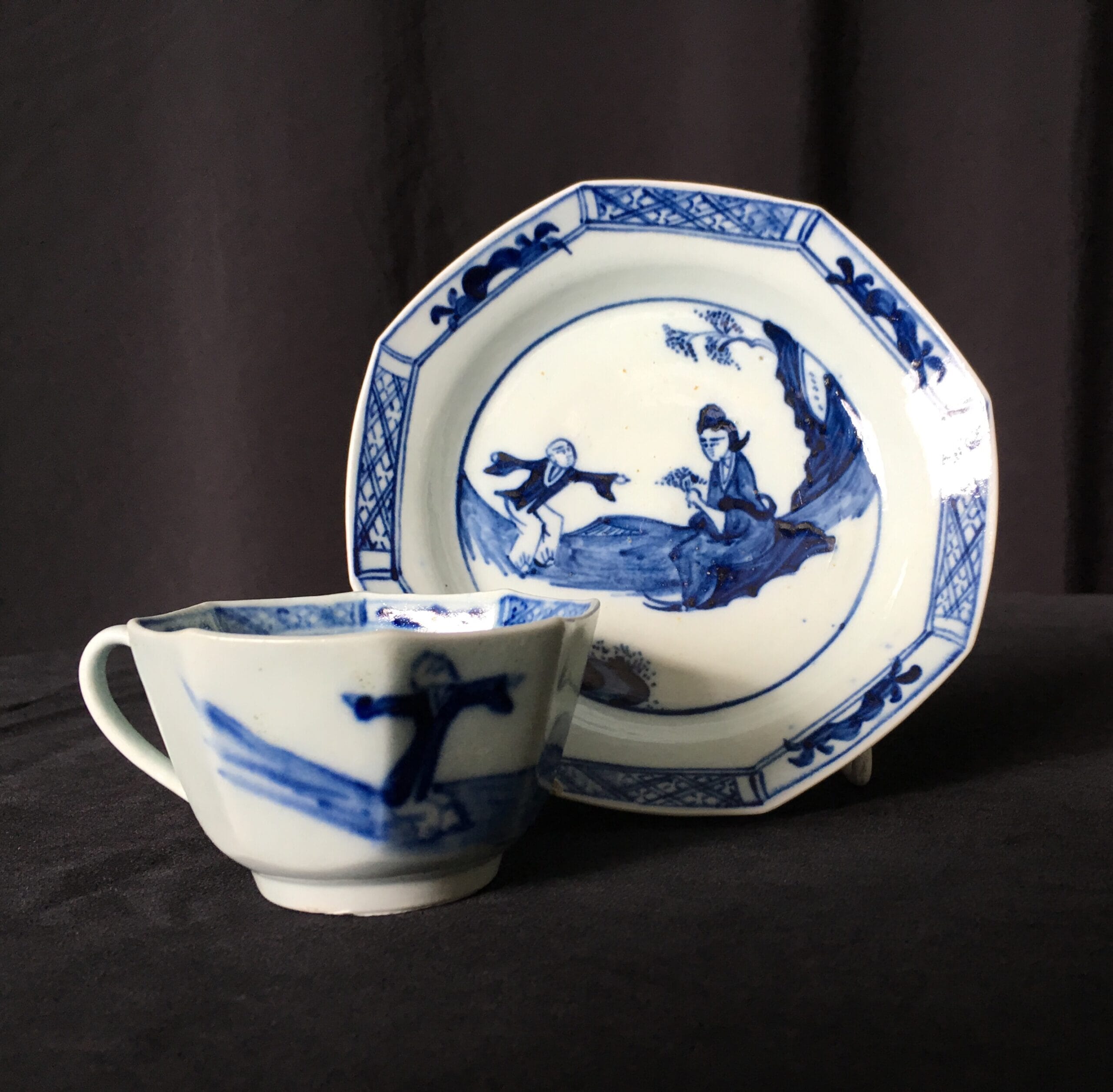 Rare Chaffers Liverpool octagonal cup & saucer, 'Jumping Boy' pattern, c. 1760-0