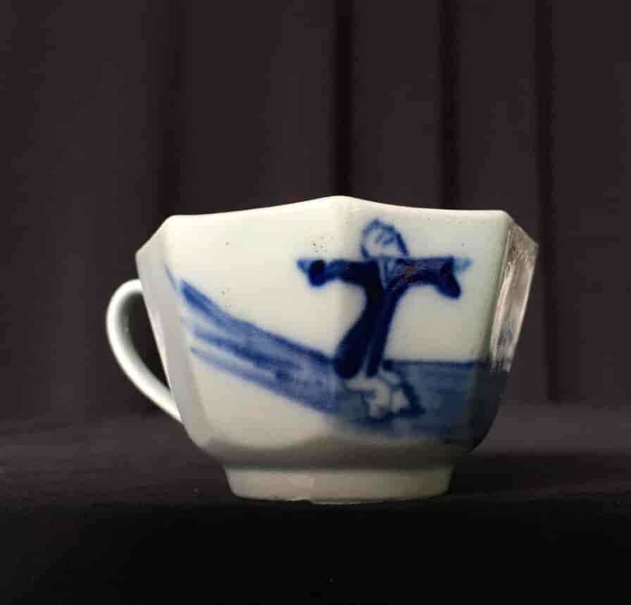 Rare Chaffers Liverpool octagonal cup & saucer, 'Jumping Boy' pattern, c. 1760-17989