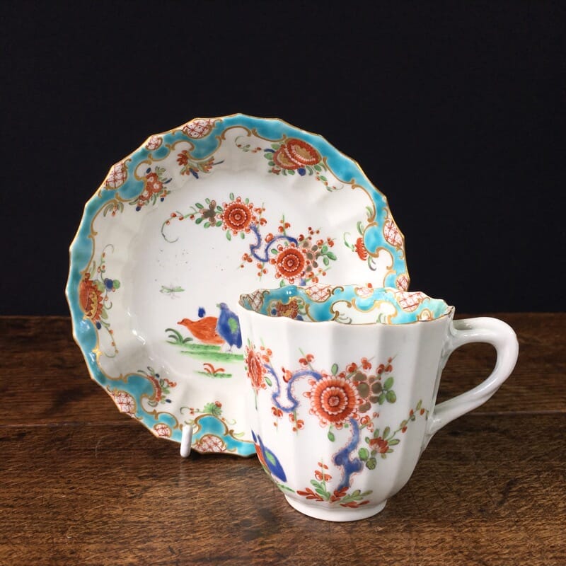 Worcester fluted coffee cup & saucer, 'Quail' pattern, unusual rococo border c.1775-0