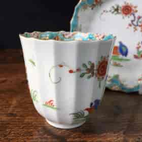 Worcester fluted coffee cup & saucer, 'Quail' pattern, unusual rococo border c.1775-23537