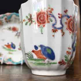 Worcester fluted coffee cup & saucer, 'Quail' pattern, unusual rococo border c.1775-23535