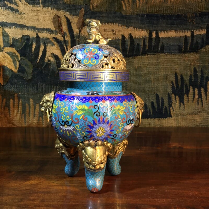 Chinese cloisonné censor, mask handles, foo dog finial, 19th century -0