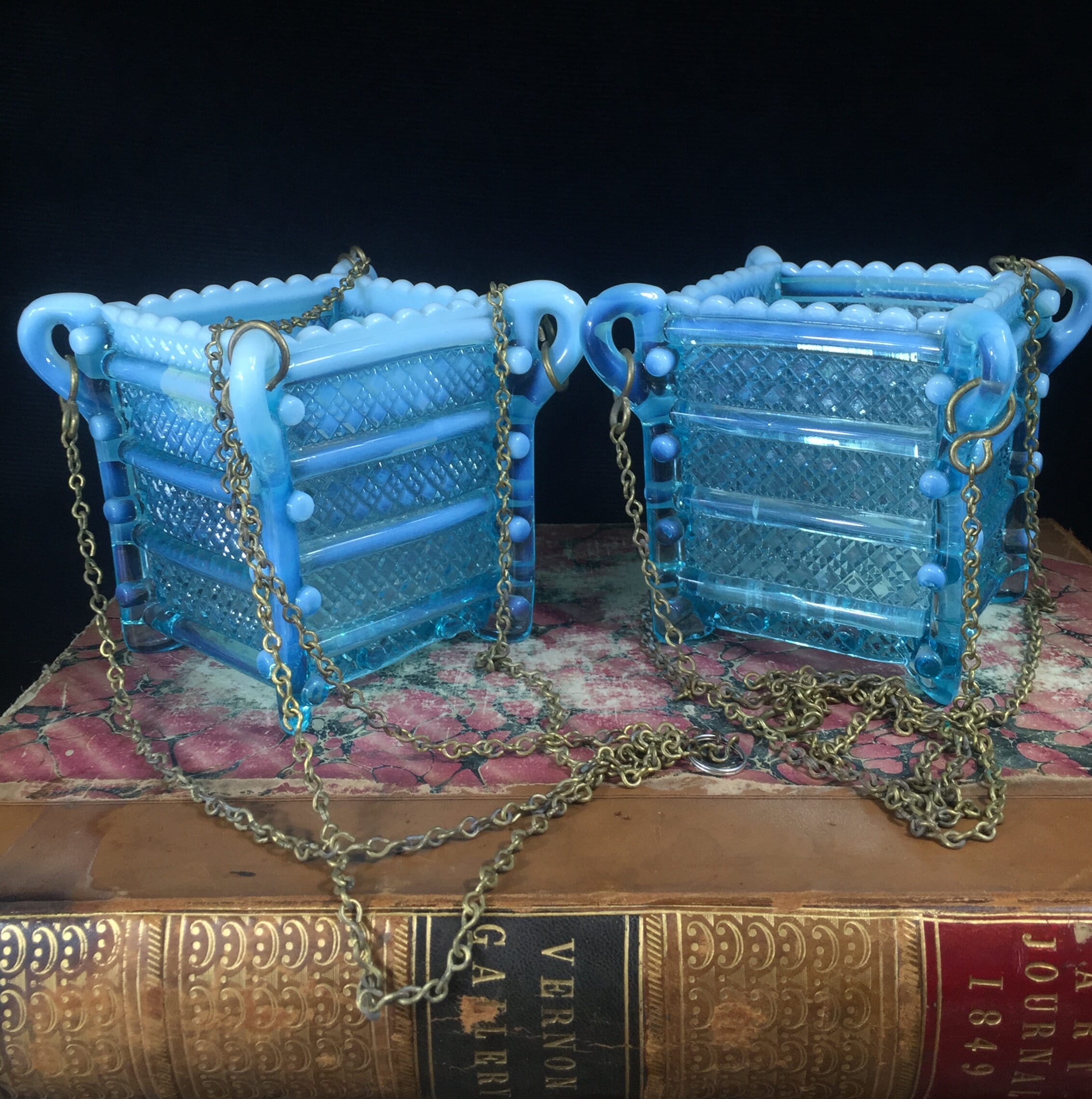Pair of blue pearline glass square baskets, circa 1880-0