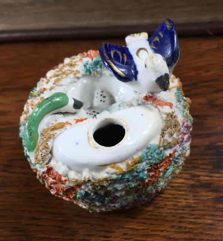 Staffordshire nest inkwell with bird, eggs & snake, c. 1840. -16421