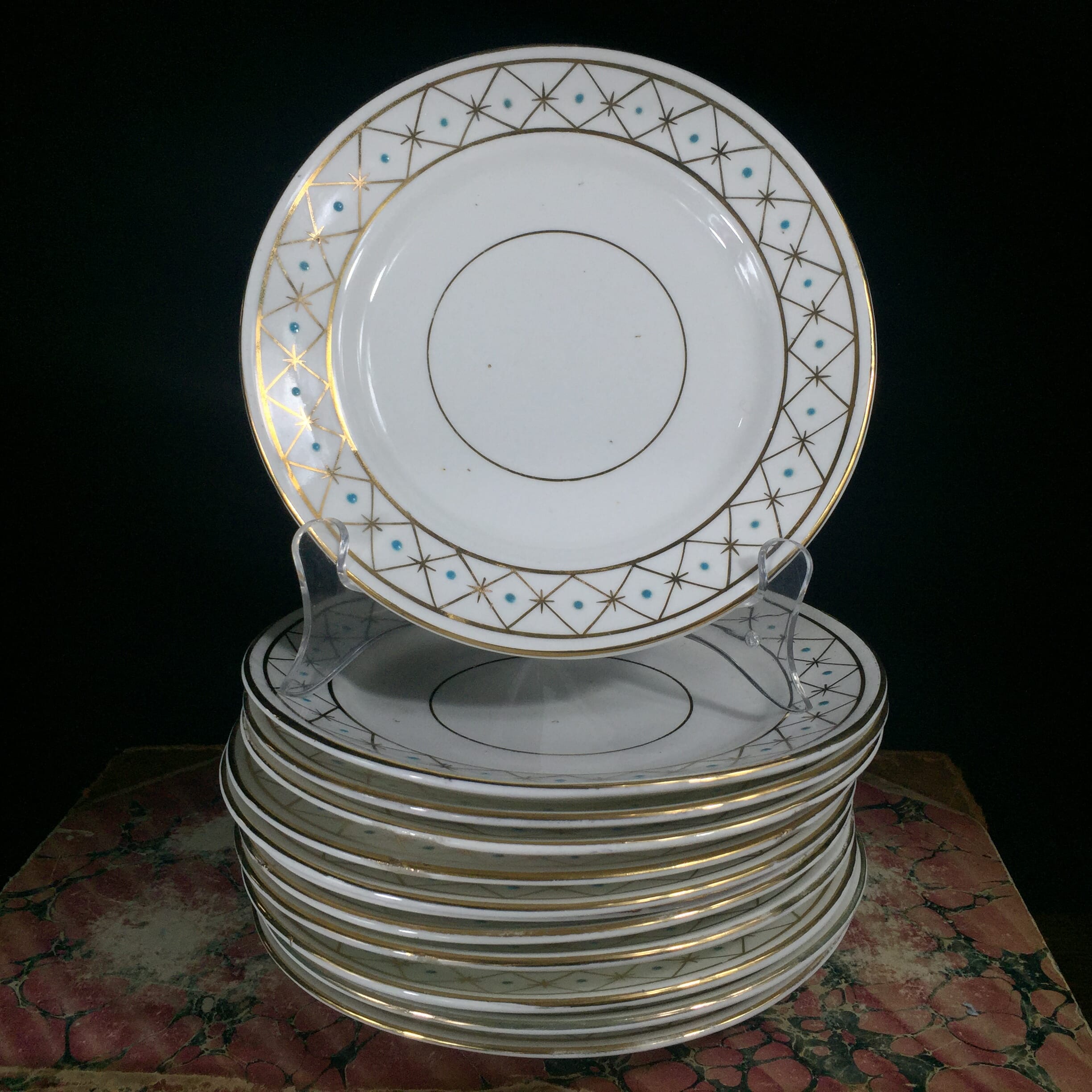 Set of 12 porcelain side plates with gilt stars and turquoise dots, c. 1880 -0