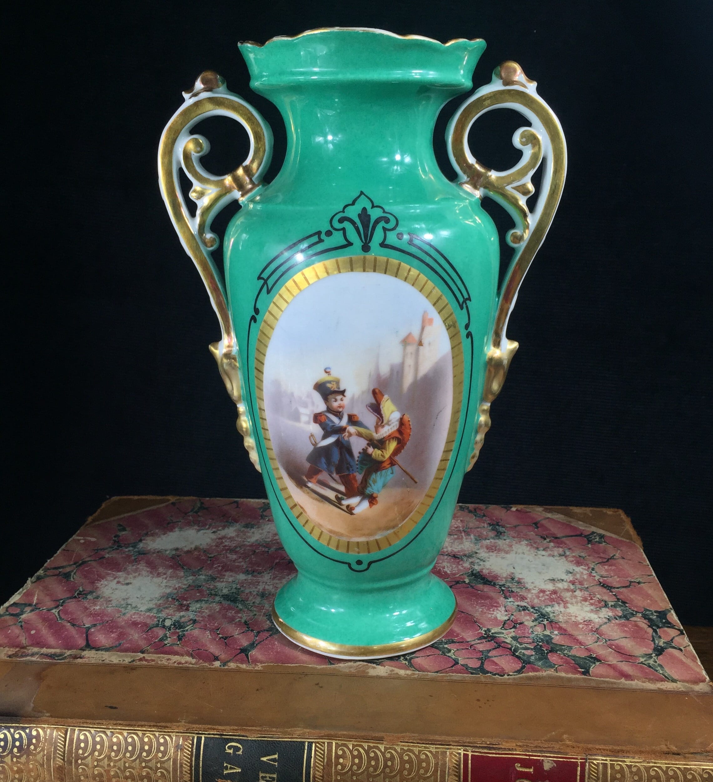 Limoges porcelain vase with children playing soldiers on a green ground. c. 1875-0